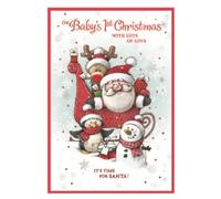 Baby's First Christmas Card - Santa & Friends in Sleigh with Red Foil 7.5x5.5"