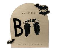 Baby's First DIY Halloween Footprint Art, Wooden Milestone Card Halloween Keepsake My Little Boo Sign Nursery Decorative Ornaments for Baby Shower Newborn Photoshoot Prop