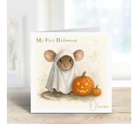 Baby's First Halloween Card - Persnolised Ghost Mouse Pumpkin - Cute Watercolour - Boy Girl Keepsake