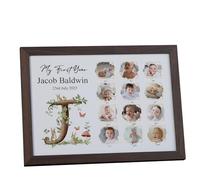 Baby's First Year Photo Collage Frame, Personalised Woodland Theme, 12 Month Memory Display