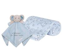 BabyTown Personalised Baby Comforter and Blanket Set Beautiful Keepsake Gift for Baby (Personalised Blue Elephant Comforter and Blue Elephant Patterned Blanket)