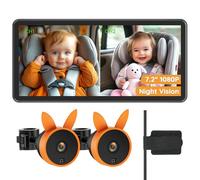 Babyvue Baby Car Camera for 2 Kids - Large 7.25 Inch Dual Channel HD Screen for Baby, 1080P Infrared Night Vision, Easy to Install and Secure Rear View