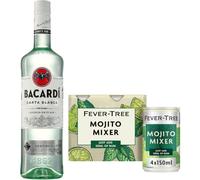 BACARDI Carta Blanca Superior White Rum Mojito Kit, 40%vol, 70 asy-to-Serve Mojito Cocktail Mixer Kit with BACARDI Rum (700ml) + Fever-Tree Classic Mojito Mixer (4x150ml Cans)