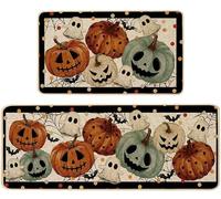 Baccessor Halloween Ghost Kitchen Rugs Set of 2,Spooky Pumpkin Fall Black Polka Dot Mat Rug Indoor Outdoor Low-Profile Non Slip Absorbent Floor Mats for Home Party Holiday Decor 17x29 and 17x47 Inch
