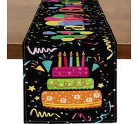 Baccessor Happy Birthday Table Runner Colorful Balloon Cake Confetti Black Runners for Birth Day Party Seasonal Holiday Home Kitchen Dinning Table Decor 13x36 Inch
