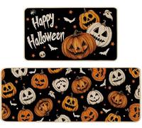 Baccessor Happy Halloween Ghost Kitchen Rugs Set of 2,Spooky Pumpkin Fall Black Mat Rug Indoor Outdoor Low-Profile Non Slip Absorbent Floor Mats for Home Party Holiday Decor 17x29 and 17x47 Inch