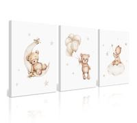 Baccone Bear Nursery Wall Art Decor Set of 3 Teddy Bear Canvas Wall Art Baby Boy Nursery Decor Prints Neutral Pictures Moon Star Cloud Print for Girls Children Room 16x24 Inch Wrapped Canvas