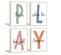 Baccone Kids Playroom Wall Art Decor - Canvas Prints for Children's Room, Boy's Nursery - Let's Play Sign - 12x16 Inch Set of 4 Framed