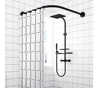 BACEYIOVE L-Shaped Shower Curtain Rail, Stainless Steel Extendable Shower Pole, No Drill, Adjustable Curved Shower Rail, Black