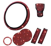 Baceyong Car Accessories Set,Red Bling Steering Wheel Cover Seat Belt Pad Car Gear Shift Cover Start Cover Car Coaster