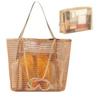 BACH AND BOOZY Brown Mesh Beach Bag, Family Beach Bag with Zip, Shopper Women's Beach Bag, Shopping Bags for Travel, Shopping and Everyday Use
