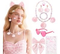 BACH AND BOOZY Pink Accessories Doll Party Necklace Bracelets Earrings Sunglasses Bow Hair Clip Bows Face Stickers for Pink Girl Cosplay Costume Halloween Party