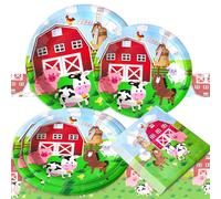 BACH AND BOUJEE 41pcs Farm Party Paper Plates Napkins Table Cloth Farm Birthday Tableware Decoration Animals Birthday Party Tableware