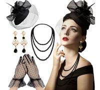 BACH AND BOUJEE Black Tea Party Hat Gloves Women Fascinators Hats Gloves Pearl Necklace Earrings Choker for Wedding Baby Bridal Shower Birthday Tea Party