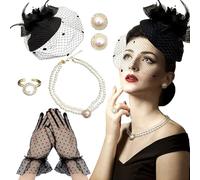 BACH AND BOUJEE Black Tea Party Hat Gloves Women Fascinators Hats Gloves Pearl Necklace Earrings Choker for Wedding Baby Bridal Shower Birthday Tea Party