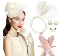BACH AND BOUJEE Champagne Tea Party Hat Gloves Women Fascinators Hats Gloves Pearl Necklace Earrings Choker for Wedding Baby Bridal Shower Birthday Tea Party