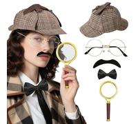 BACH AND BOUJEE Detective Costume Sherlock Holmes Costume Accessories Detective Hat Glasses Moustache Bow Tie Detective Cosplay Props for Carnival Cosplay Party