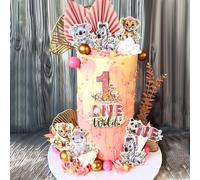 BACH AND BOUJEE Girl Safari Baby Shower & 1st Birthday Cake Topper - 36pcs Gold Safari Cake Decorations - Wild Animal Cake Toppers