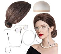 BACH AND BOUJEE Old Lady Costume Set Grey Wig Grandma Wig Granny Glasses with Chain Necklace Earrings Bracelet Old Lady Fancy Dress Accessories