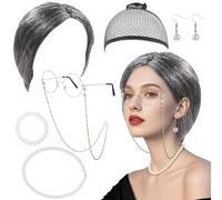 BACH AND BOUJEE Old Lady Costume Set Grey Wig Grandma Wig Granny Glasses with Chain Necklace Earrings Bracelet Old Lady Fancy Dress Accessories