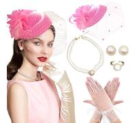 BACH AND BOUJEE Pink Tea Party Hat Gloves Women Fascinators Hats Gloves Pearl Necklace Earrings Choker for Wedding Baby Bridal Shower Birthday Tea Party