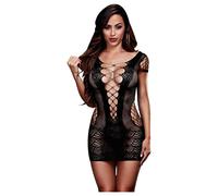 Baci - Lace-up, Short Sleeve Fishnet Mini Dress - Black (S-L)