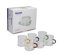 Bacimi® Clear Espresso Cups with Colorful Handles - Set of 6 / 4oz / 120ML - Borosilicate Glass Mugs for Cappuccino, Tea, Latte, & Hot Beverage - Mini Drinking Cups - Microwave Safe