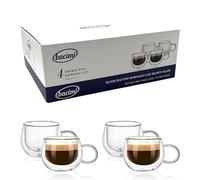 Bacimi Double Wall Insulated Handcrafted High Borosilicate Blown Clear Glass Espresso Demitasse Cups with Handle 3.5oz / 100ml, Set of 4