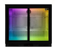 Back Bar Fridge Cooler 208L Capacity Commercial Sliding Double Door Under Counter Black Chiller Self Closing 112 x 500ml Bottles Beer Wine 4 Adjustable Shelves Colour Changing LED Light 7 Colours Blac