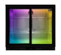 Back Bar Fridge Cooler 208L Capacity Commercial Sliding Double Door Under Counter Black Chiller Self Closing 112 x 500ml Bottles Beer Wine 4 Adjustable Shelves Colour Changing LED Light 7 Colours