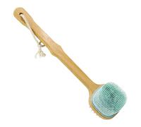 Back Brush with Long Handle, Wood Body, Double-Sided Silicone Brush Head, 12.8 in, Curved Ergonomic Grip, Cotton Cord, 2.8 in Head Width, 0.3 lb Lightweight, Light Blue