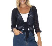 Back From Bali Womens 100% Cotton Shrug Tie Front Cardigan Lightweight Soft Knit 3/4 Sleeve Open Front Sweater, Navy, S/M