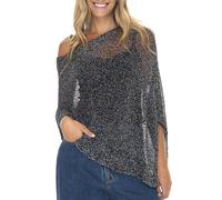 Back From Bali Womens Sheer Poncho Shrug Bolero, Lightweight Summer Shrug Pullover Sweater, Black Silver, One Size