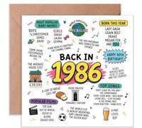 Back in 1986 Birthday Card for Him Her, Born This Year Hand-Drawn Retro Design, Blank Inside to Write Your Own Message, with Kraft Envelope, Birthday Gift Card for Men Women Daughter Son Friend