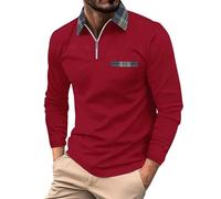 Back Long Sleeve Top Mens Cowboy Shirt Men Longline Long Sleeves Tees Tops Solid Color Zip Up V Neck Tees Tops Plaid Lapel Chest Pocket Regular Fit T-Shirt Casual Down Textured Stylish (Red, XXXL)