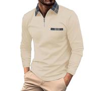 Back Long Sleeve Top Mens Cowboy Shirt Men Longline Long Sleeves Tees Tops Solid Color Zip Up V Neck Tees Tops Plaid Lapel Chest Pocket Regular Fit T-Shirt Casual Down Textured Stylish (Beige, XXXL)