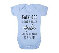 Back off I have a crazy Auntie and I'm not afraid to use her, family statement [BBY7] baby grow vest, 6-12 months, Pastel Blue