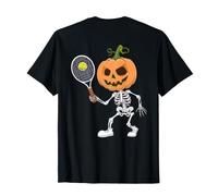 (Back) Orange Pumpkin Head Skeleton with Tennis Racket & Ball T-Shirt