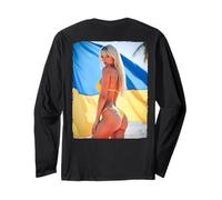 Back Print T Shirt - Sexy Blonde Bikini Girl & Ukraine Flag Long Sleeve T-Shirt