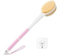 Back Scrubber Body Shower Brush: Anti Slip Long Handle Bath Brush with Stiff and Soft Bristles - Showering Exfoliator Wet or Dry Brushing for Women, Men, Elderly (Pink)