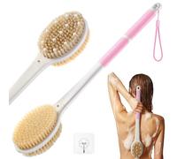 Back Scrubber for Massage Dry Brushing: Body Brush for Shower with 18.1 in Anti Slip Long Handle - Bath Brush Washer for Exfoliating Lymphatic Drainage Improving Skin Health for Women Men Elderly Pink