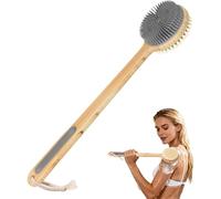 Back Scrubber for Shower, Double-Sided Silicone & Super-Dense Bristles for Deep Cleaning & Exfoliation, Bamboo Long Handle with Wider Anti-Slip Grip, Body Exfoliator for Wet or Dry Brushing (Grey)