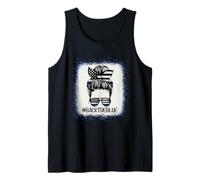 Back The Blue-Bleached Messy Bun Hair The Blue Line Police Tank Top