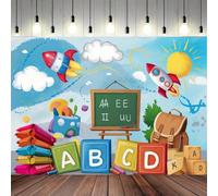 Back to School ABC Photography Background Crayon Sun Clouds Blue Backdrop Online Teaching Kindergarten Educational Banner Classroom Decorations and Supplies for Home Party Photo Props (D, 7x5feet)