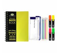 Back to School All in One Pack - Bright Colours Twin-Wire A4 Notebooks Poly Covers, Neon Highlighters, Pencils & Pencil Case Ideal for Gift Set, Project, Assignment, Notes, Study & Daily Use (Yellow)