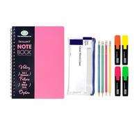 Back to School All in One Pack - Bright Colours Twin-Wire A4 Notebooks Poly Covers, Neon Highlighters, Pencils & Pencil Case Ideal for Gift Set, Project, Assignment, Notes, Study & Daily Use (Pink)
