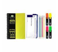 Back to School All in One Pack - Bright Yellow Colours Twin-Wire A5 Notebooks Poly Covers, Neon Highlighters, HB Pencils & Pencil Case - Ideal for School, Project, Assignment, Notes, Study & Daily Use