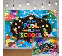 Back to School Backdrop Bye Bye Pool Hello School Background for Birthday Photography First Day of School Swimming Pool Hawaiian Palm Classroom Party Decoration Photo Shoot Props Supplie (7x5FT)