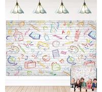Back to School Backdrop First Day of School Hand Painted Pencils Books White Brick Wall Photography Background Online Teaching Party Decorations Background (8x6ft(96''x72''))