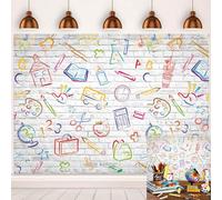 Back to School Backdrop First Day of School Hand Painted Pencils Books White Brick Wall Photography Background Online Teaching Party Decorations Background (7x5ft(84''x60''))